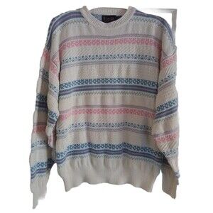Le Roy Sweater Mens Size Large Knit Jr II Vintage Knit Pullover White Pink Blue